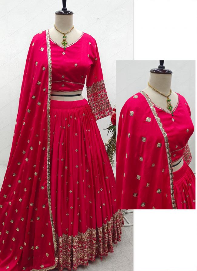 Pure Sattin Silk Hot Pink Traditional Wear Embroidery Work Lehenga Choli